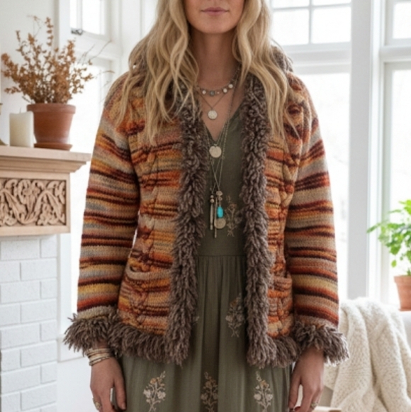 bolli importz Sweaters - Handknit Wool Hooded Sweater Jacket Fringe Trim Phoebe Buffay Style Vibes Size M